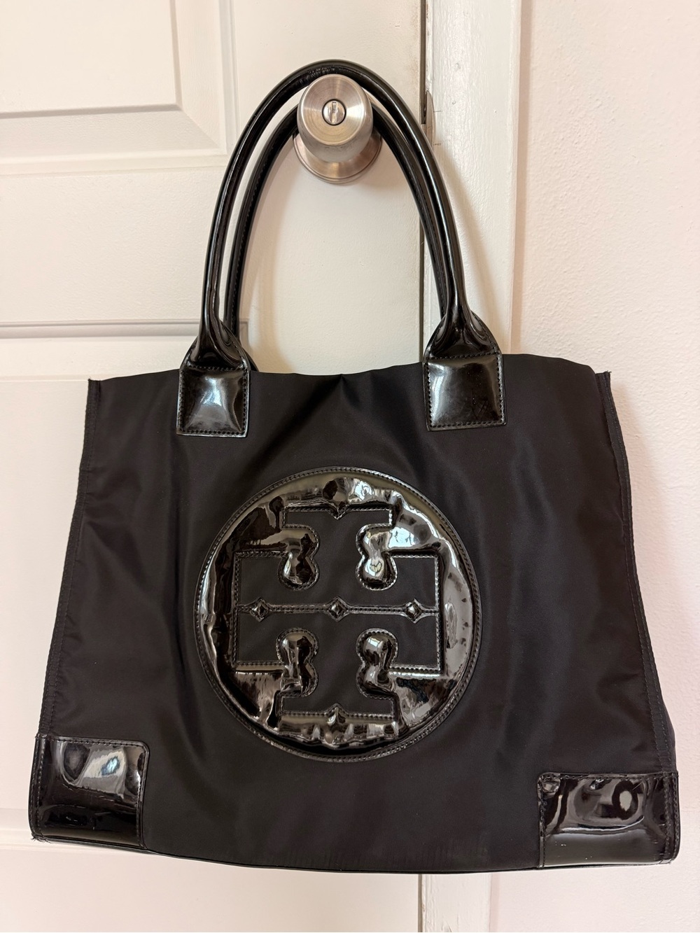 Tory Burch Black Nylon Tote with Patent Logo